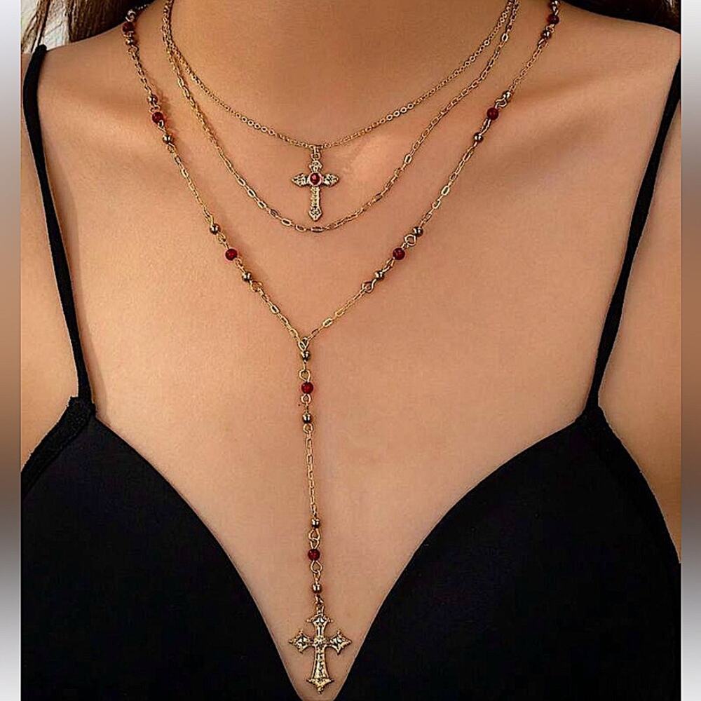 Multilayer Cross Gold Plated Necklace Red Beaded Chai n Link Punk